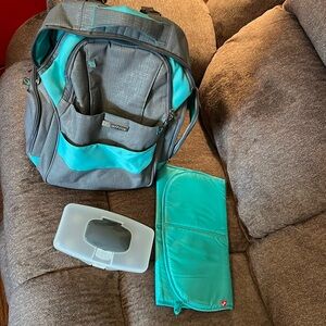 Fisher Price Grey/Aqua Diaper Backpack, EUC